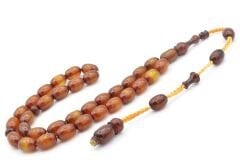 İsa Balkaya İmzalı Fıçı Kesim Kahverengi Sürmeli Sıkma Kehribar Tesbih