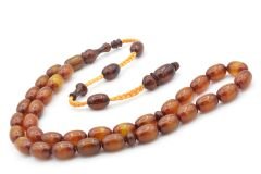 İsa Balkaya İmzalı Fıçı Kesim Kahverengi Sürmeli Sıkma Kehribar Tesbih