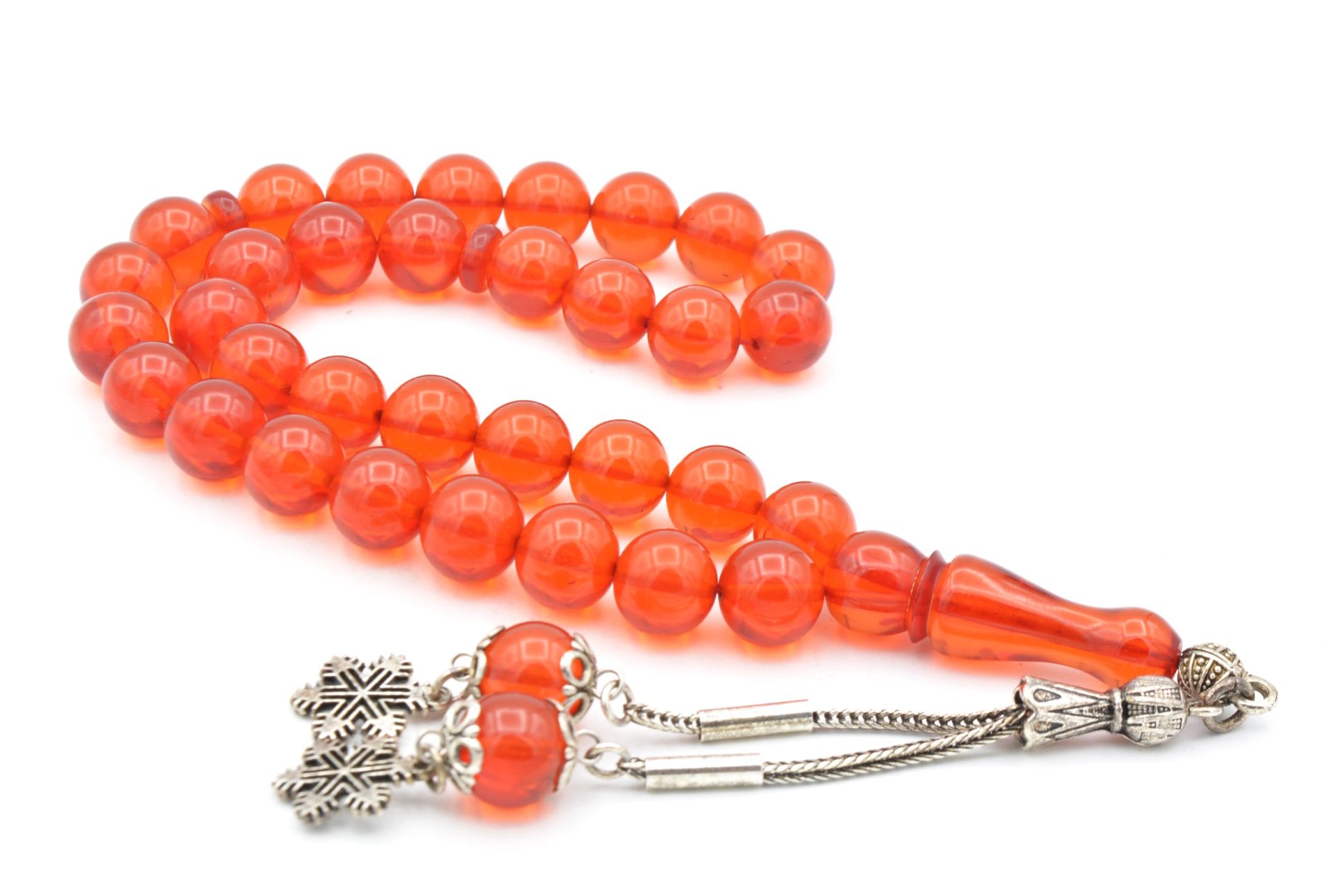 Gümüş Kaplama Püsküllü Küre Turuncu Sıkma Kehribar Tesbih