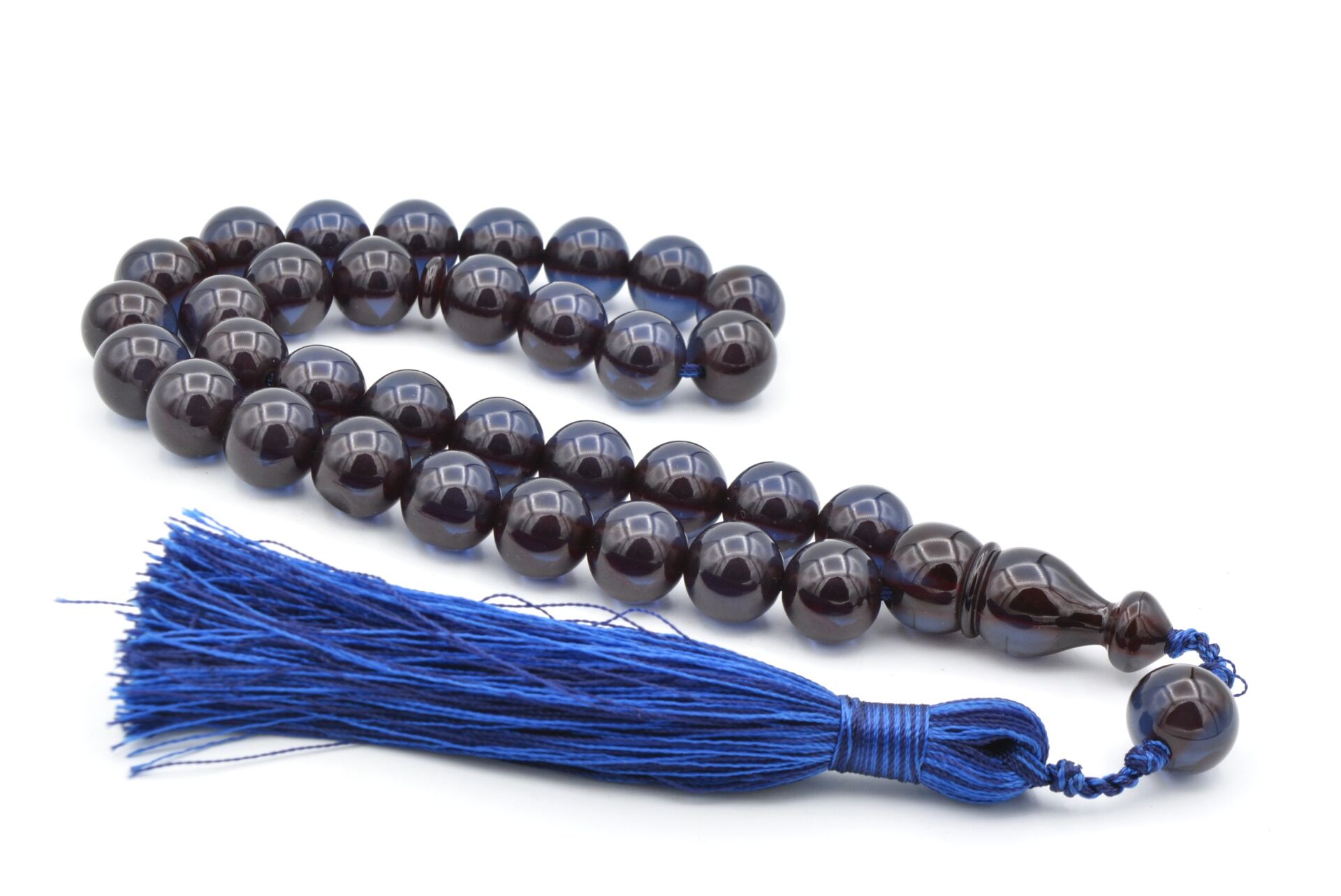 Usta İşi Saçaklı Sistemli Küre Kesim Lacivert Sıkma Kehribar Tesbih