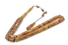 Hakan Turan İmzalı Kesme Model Hareli Kahverengi Sıkma Kehribar Tesbih