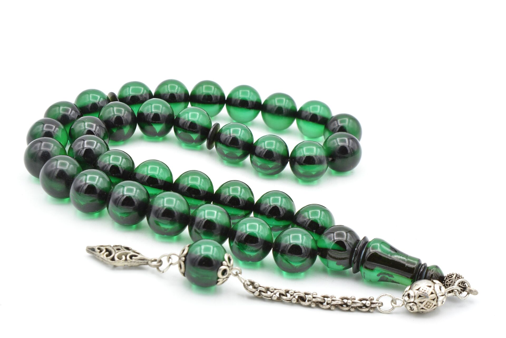 Gümüş Kaplama Kamçılı Faris Döküm Küre Kesim Mint Yeşili Sıkma Kehribar Tesbih