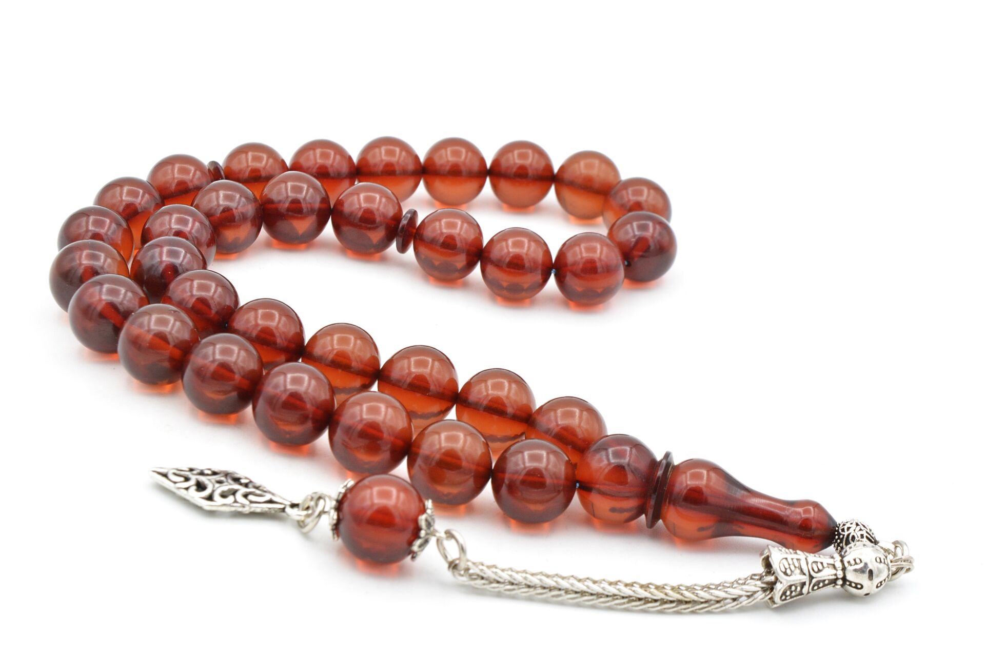 Gümüş Kaplama Kamçılı Faris Döküm Küre Kesim Bej Sıkma Kehribar Tesbih