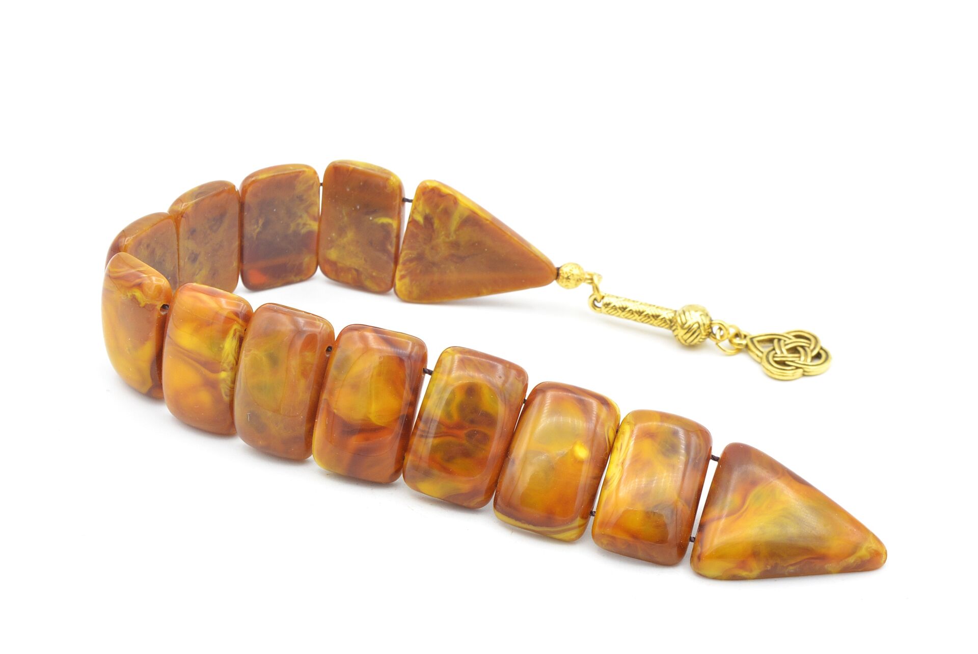 İri Taneli Hareli Yeşil Turuncu Toz Kehribar Balık Tesbih