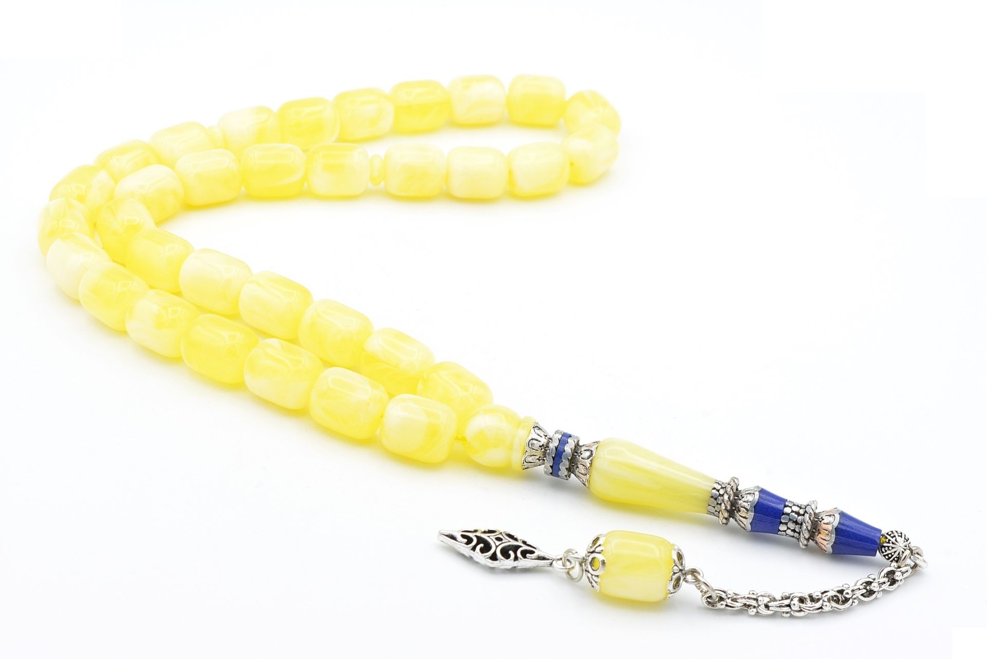 Sarı Lacivert Nakkaş İmameli Kapsül Kesim Beyrut Damla Kehribar Tesbih