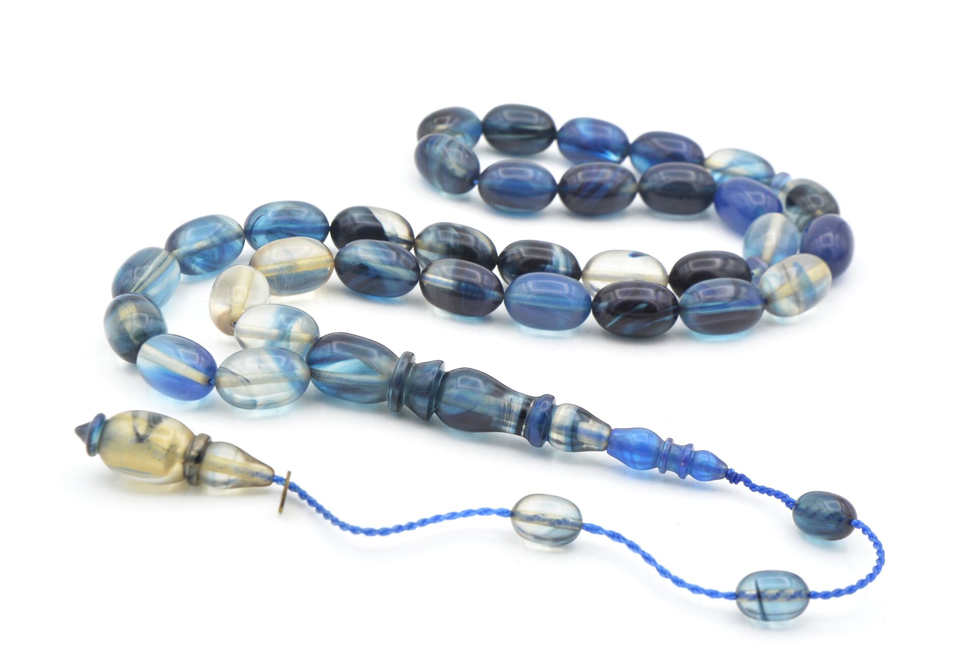 Mehmet Arıcı İmzalı Beyzi Kesim Mavi Siyah Sıkma Kehribar Tesbih