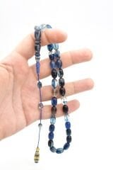 Mehmet Arıcı İmzalı Beyzi Kesim Mavi Siyah Sıkma Kehribar Tesbih