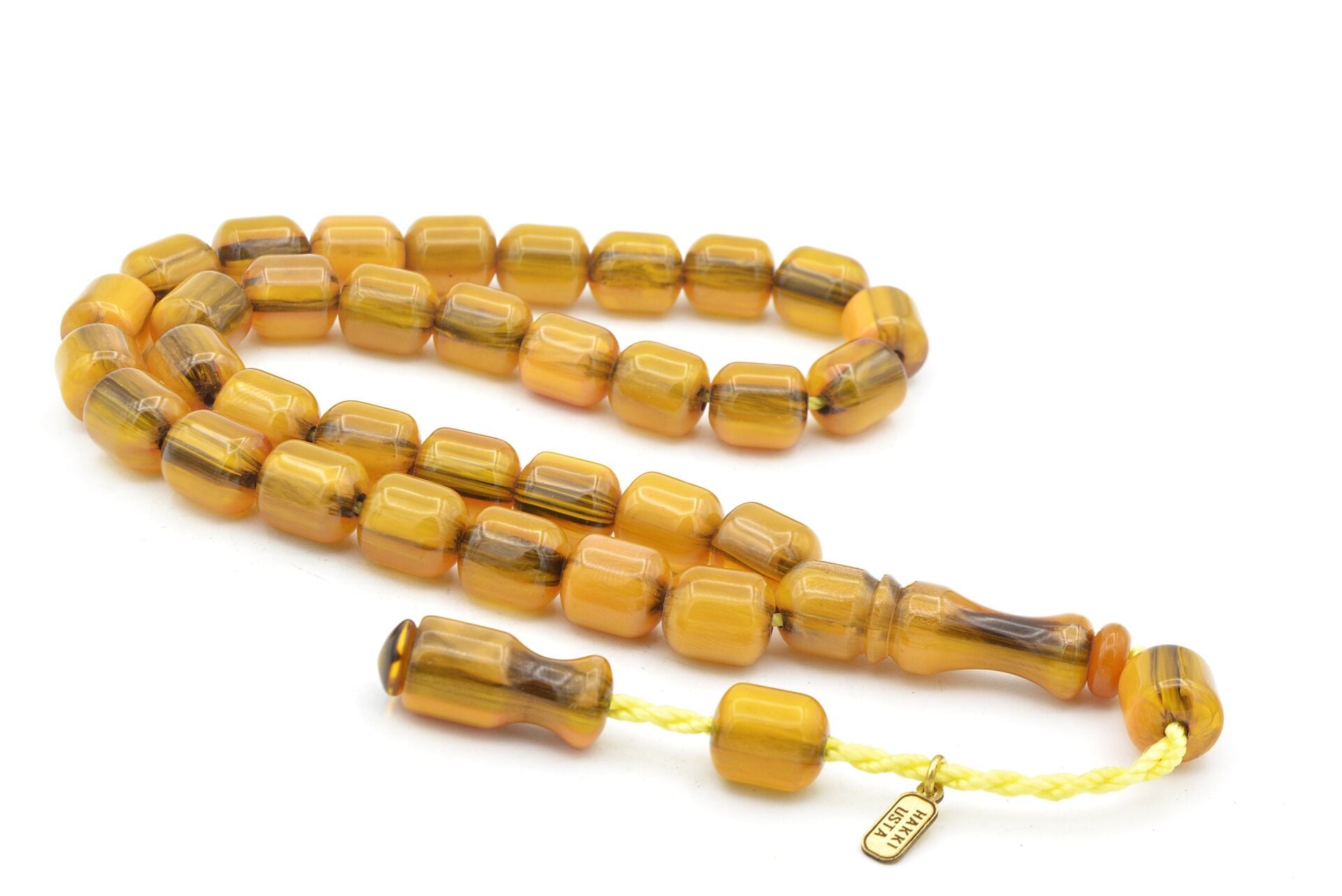 Hakkı Usta İmzalı Fıçı Kesim Hareli Sarı Sıkma Kehribar Tesbih