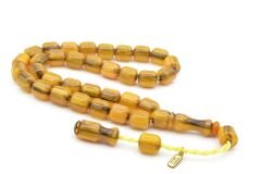 Hakkı Usta İmzalı Fıçı Kesim Hareli Sarı Sıkma Kehribar Tesbih