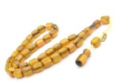 Hakkı Usta İmzalı Fıçı Kesim Hareli Sarı Sıkma Kehribar Tesbih