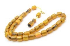 Hakkı Usta İmzalı Fıçı Kesim Hareli Sarı Sıkma Kehribar Tesbih