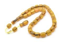 Hakkı Usta İmzalı Fıçı Kesim Hareli Sarı Sıkma Kehribar Tesbih