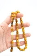 Hakkı Usta İmzalı Fıçı Kesim Hareli Sarı Sıkma Kehribar Tesbih