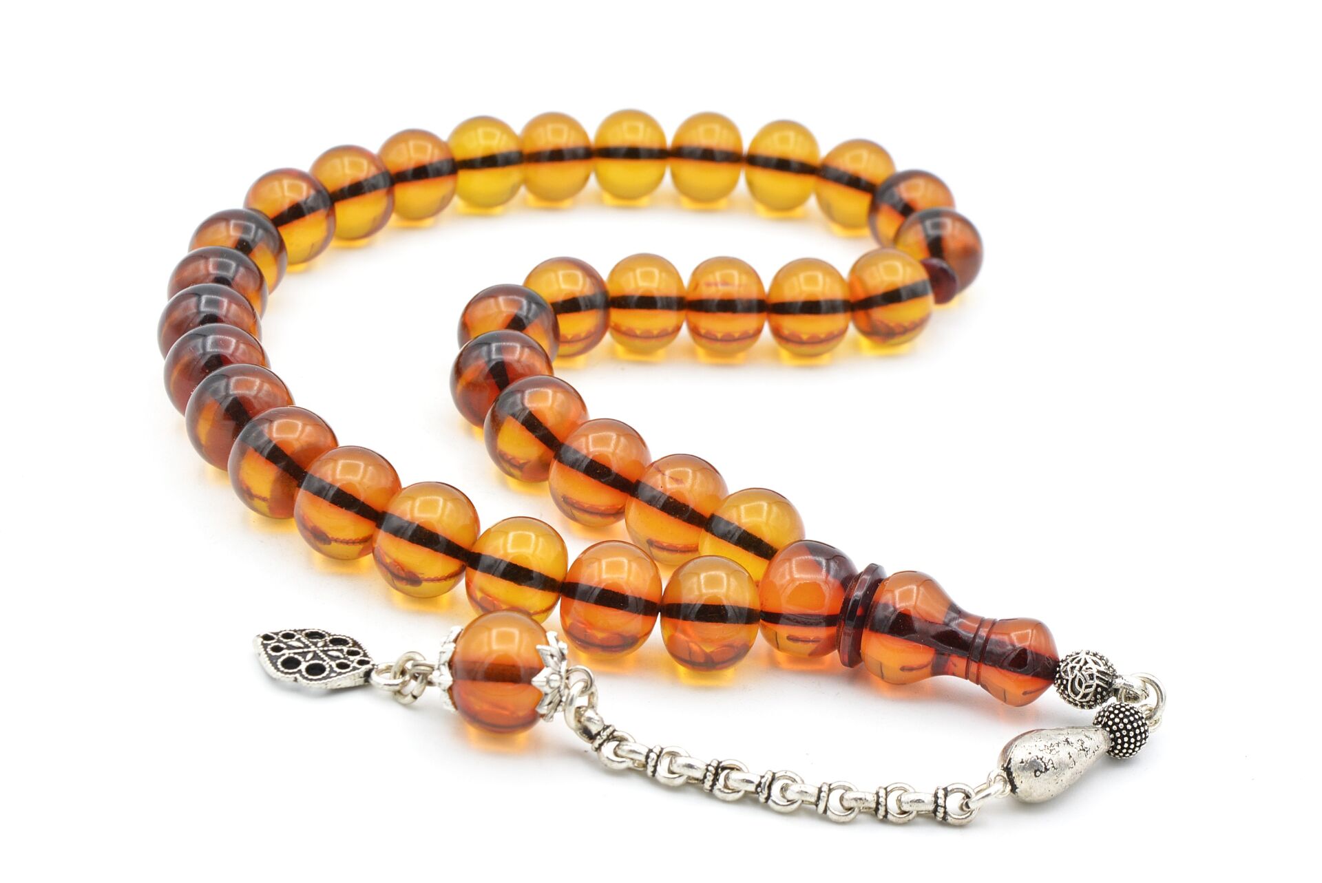 Gümüş Kaplama Kamçılı Faris Döküm Tekerlek Kesim Sarı Sıkma Kehribar Tesbih