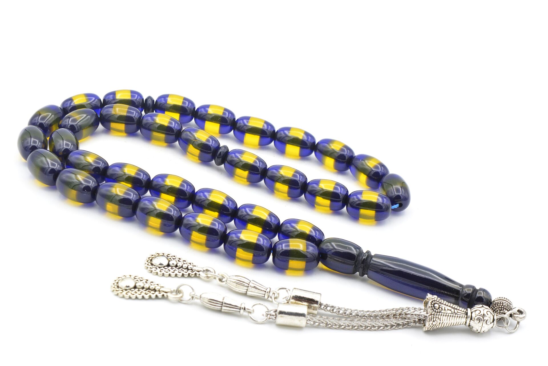 Kapsül Kesim Günlük Boy Sarı Lacivert Sürmeli Sıkma Kehribar Tesbih