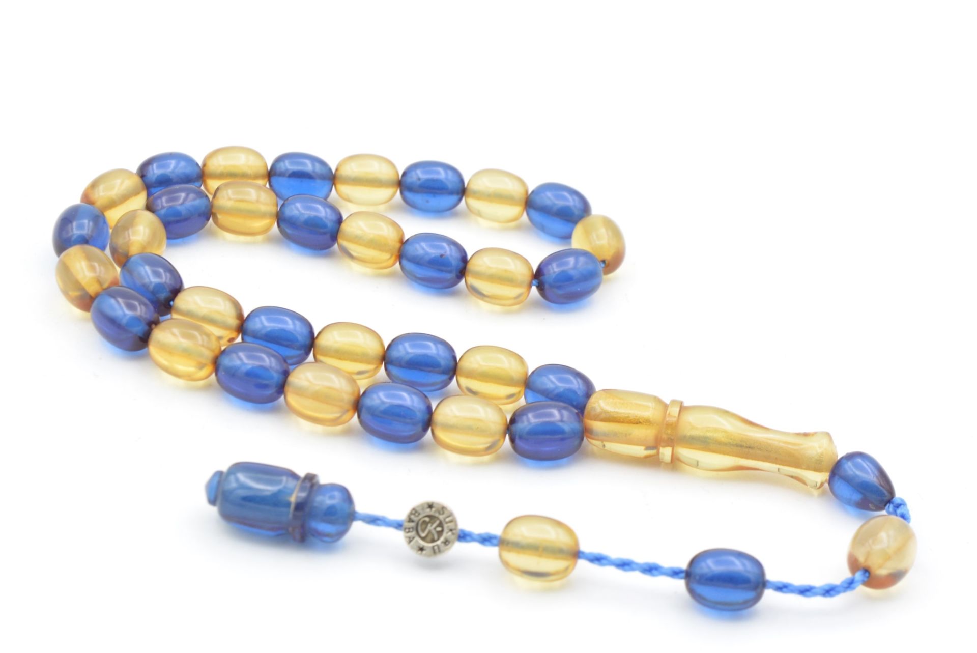 Şükrü Baba İmzalı Bilek Boy Sarı Lacivert Sıkma Kehribar Tesbih