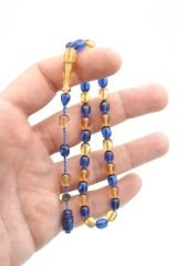 Şükrü Baba İmzalı Bilek Boy Sarı Lacivert Sıkma Kehribar Tesbih