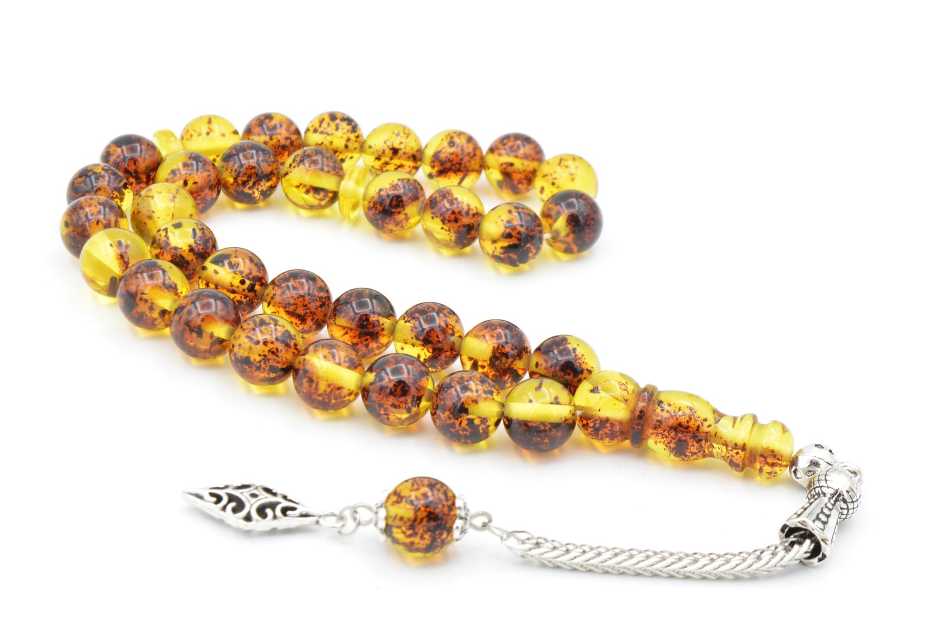 Damla Kehribar Benzeri İri Boy Küre Kesim Fosilli Toz Kehribar Tesbih