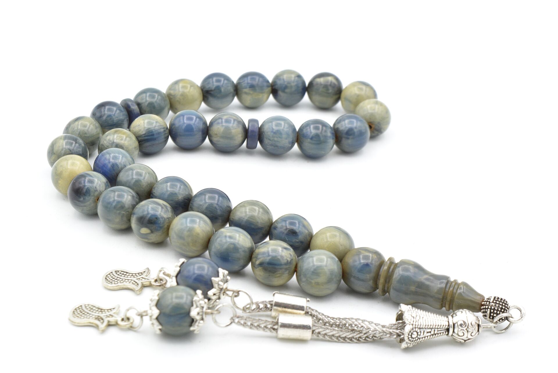 Gümüş Kaplama Kamçılı Küre Kesim Mavi Katalin Tesbih