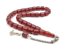 Gümüş Kaplama Kamçılı Fıçı Kesim Bordo Sıkma Kehribar Tesbih