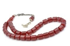 Gümüş Kaplama Kamçılı Fıçı Kesim Bordo Sıkma Kehribar Tesbih