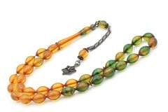 Gümüş Kamçılı Beyzi Kesim Mavi Renk Süzmesi Sıkma Kehribar Tesbih