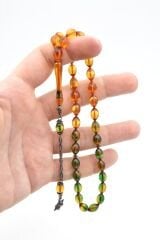 Gümüş Kamçılı Beyzi Kesim Mavi Renk Süzmesi Sıkma Kehribar Tesbih