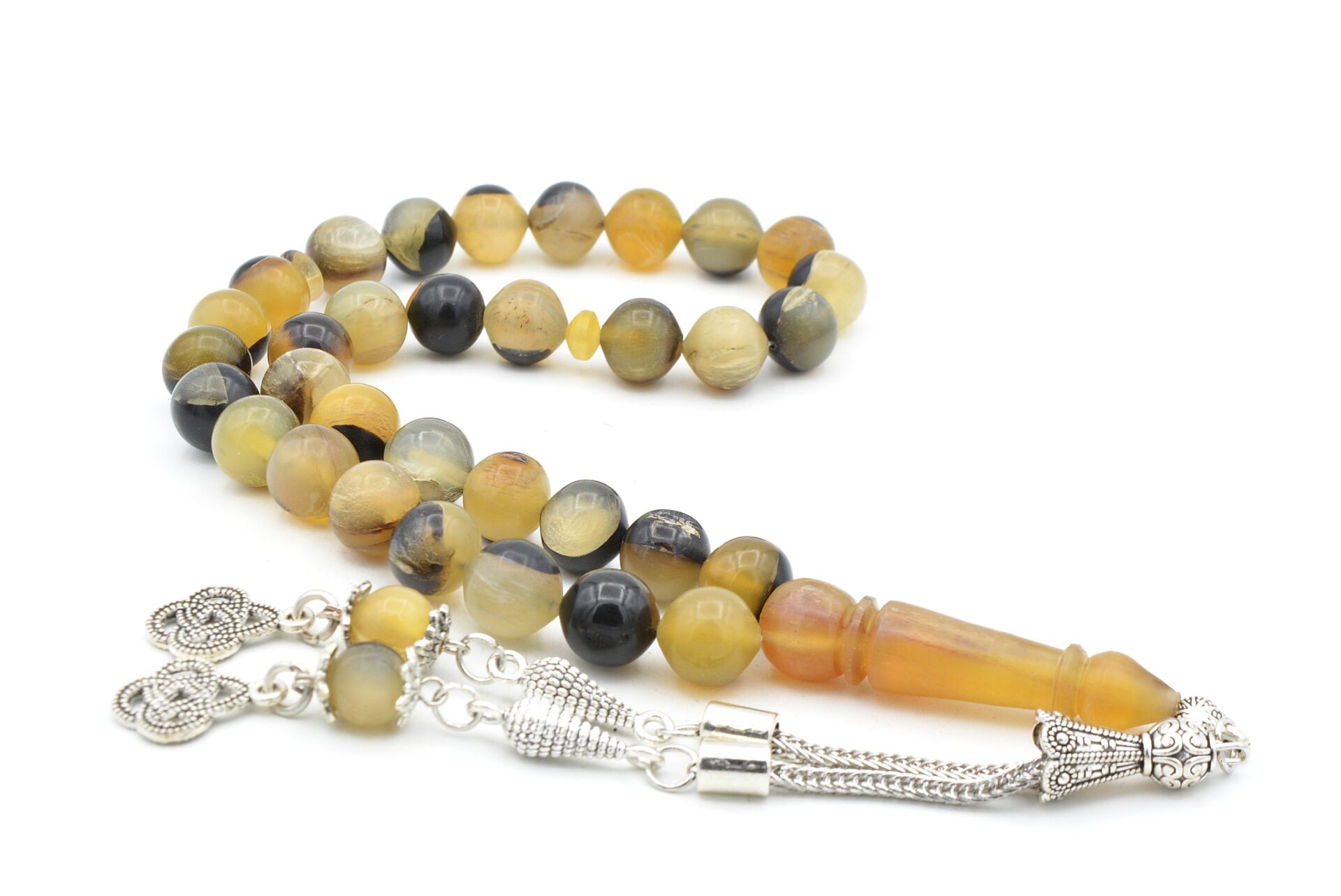 Gümüş Kaplama Püsküllü Sığırcık Kesim Ceylan Boynuzu Tesbih