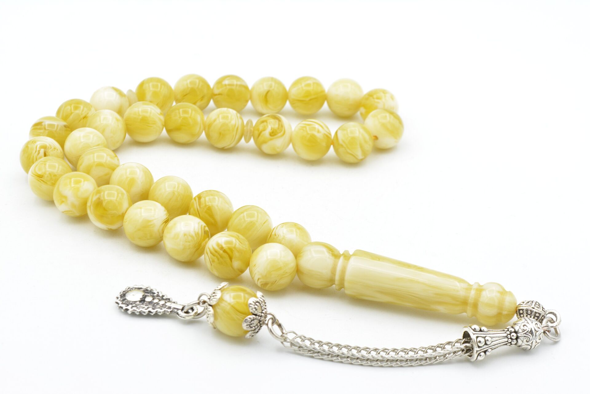 Gümüş Kaplama Kamçılı Hareli Bej Beyrut Kehribar Tesbih 10 Mm