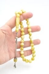 Gümüş Kaplama Kamçılı Hareli Bej Beyrut Kehribar Tesbih 10 Mm