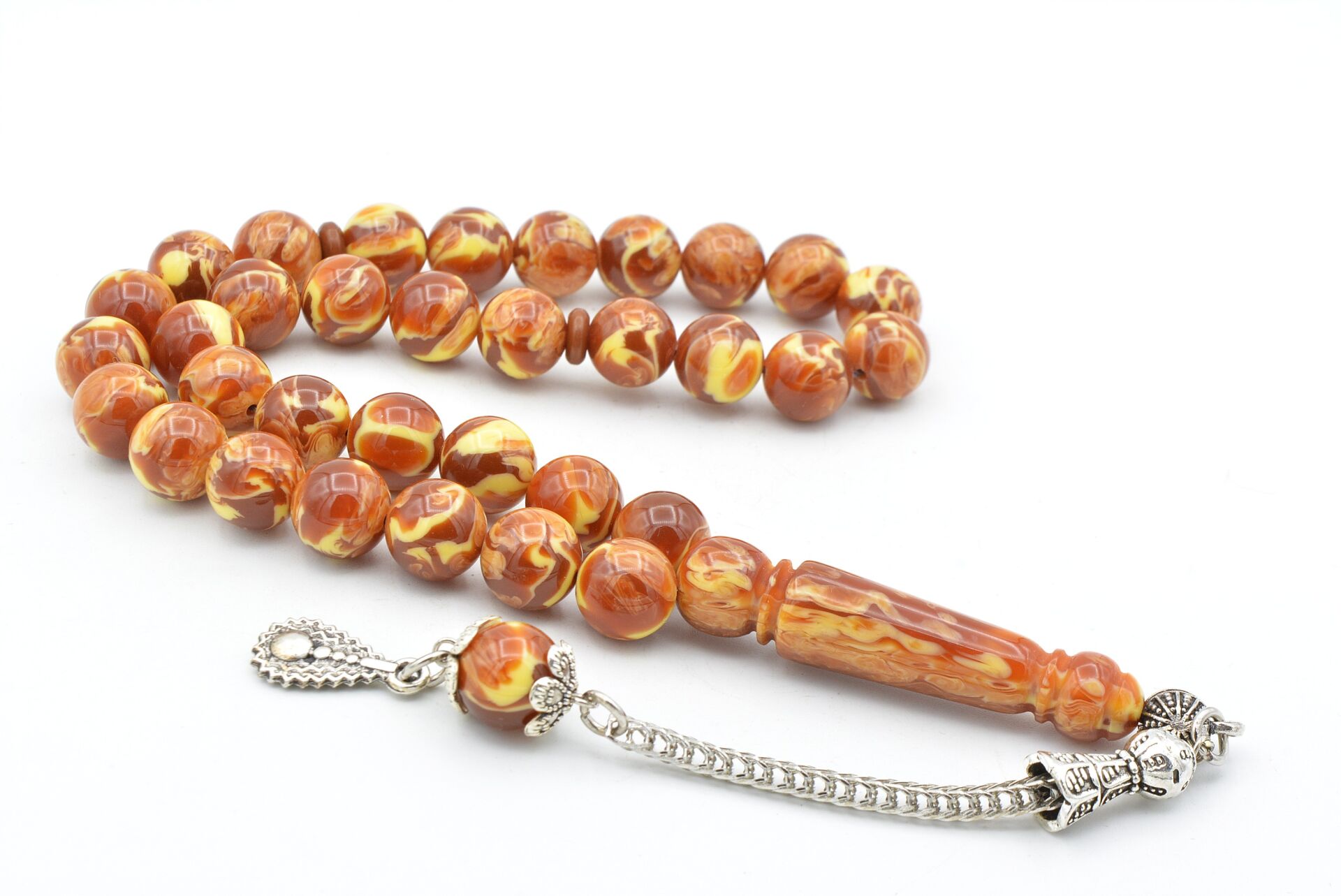 Gümüş Kaplama Kamçılı Bej Kahverengi Beyrut Kehribar Tesbih 10 Mm