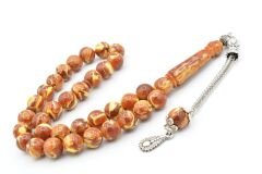 Gümüş Kaplama Kamçılı Bej Kahverengi Beyrut Kehribar Tesbih 10 Mm