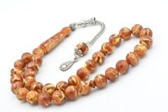 Gümüş Kaplama Kamçılı Bej Kahverengi Beyrut Kehribar Tesbih 10 Mm