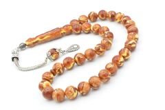 Gümüş Kaplama Kamçılı Bej Kahverengi Beyrut Kehribar Tesbih 10 Mm