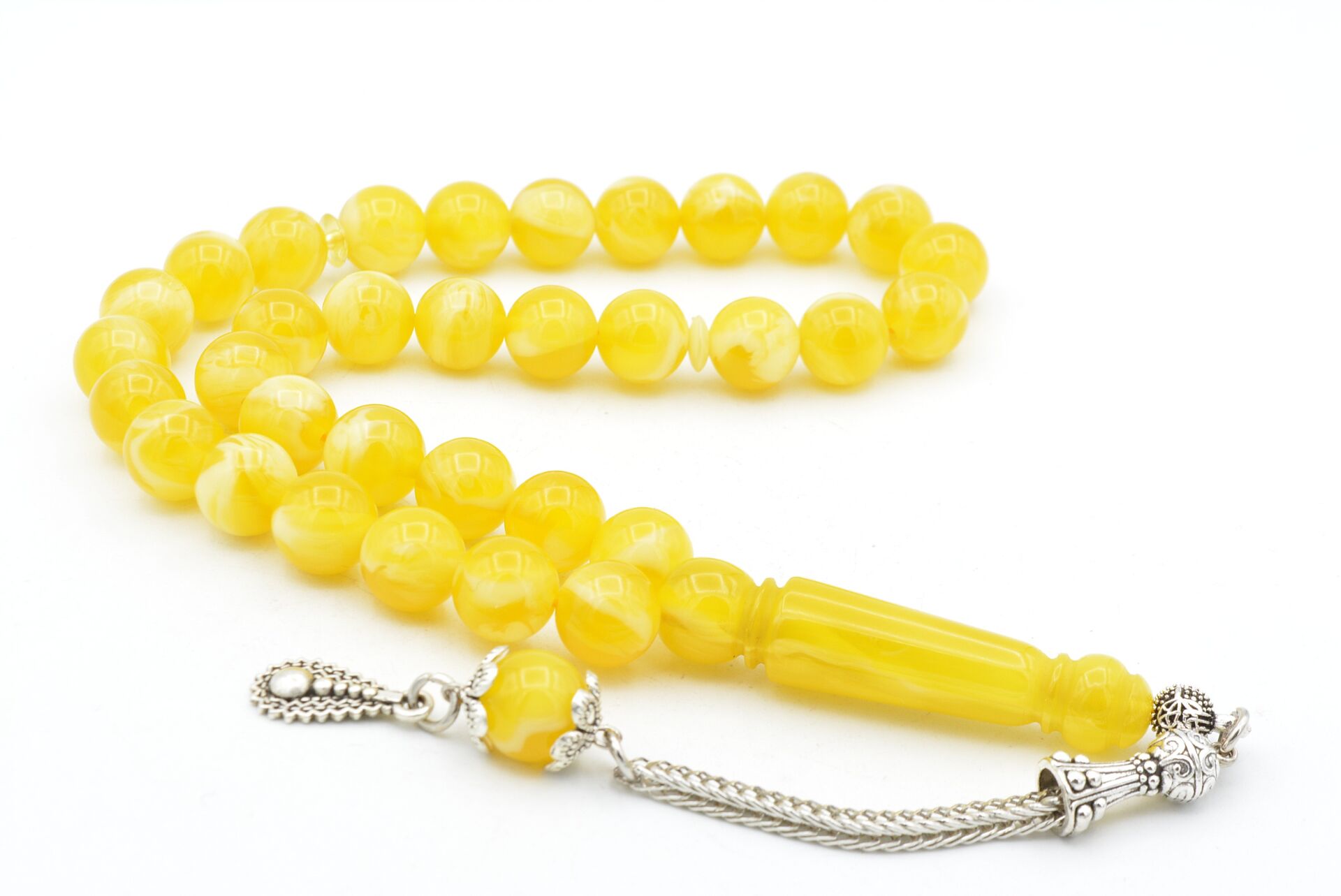 Gümüş Kaplama Kamçılı Hareli Sarı Beyrut Kehribar Tesbih 10 Mm