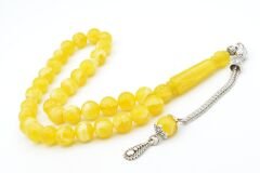 Gümüş Kaplama Kamçılı Hareli Sarı Beyrut Kehribar Tesbih 10 Mm