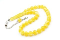 Gümüş Kaplama Kamçılı Hareli Sarı Beyrut Kehribar Tesbih 10 Mm