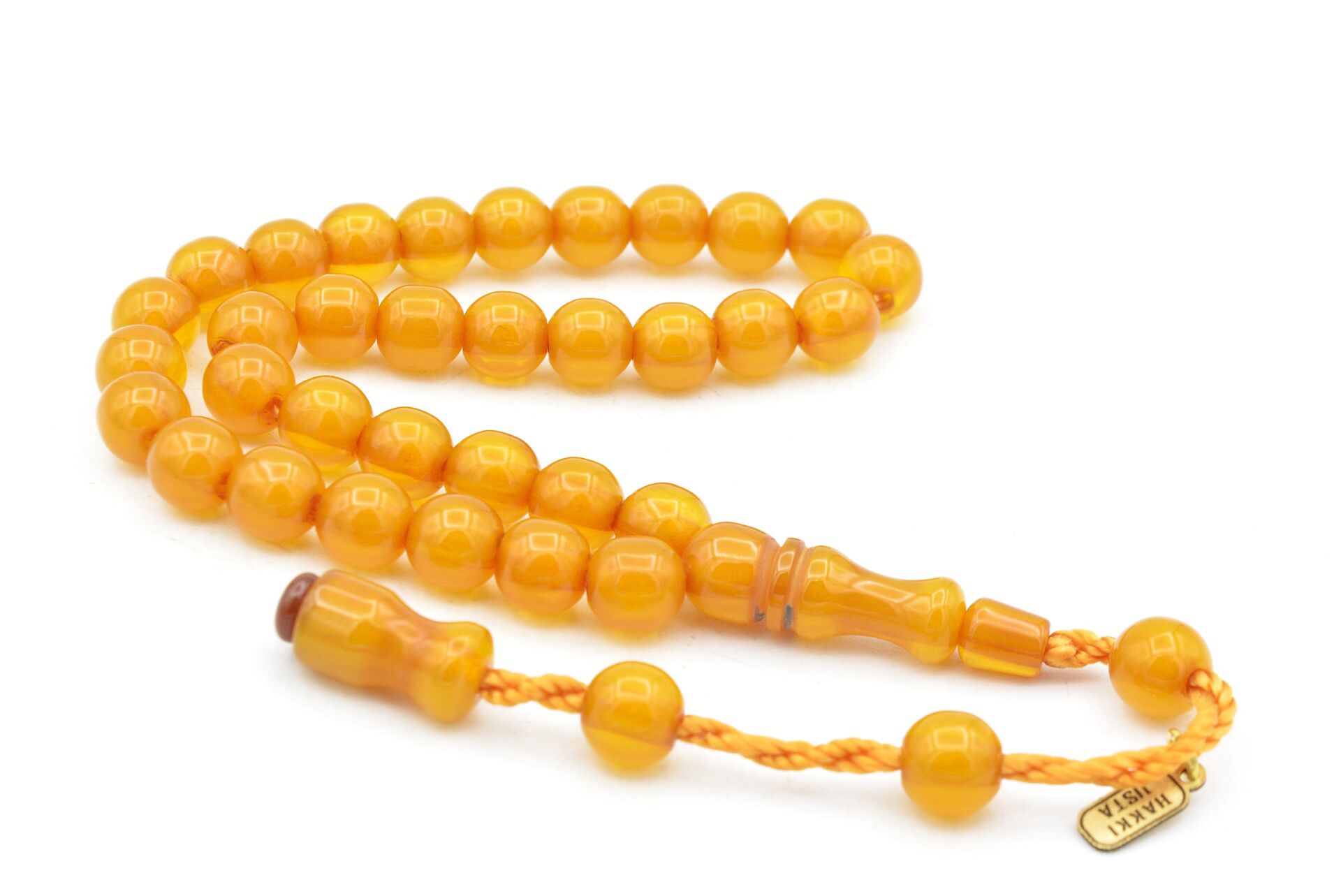 Hakkı Usta İmzalı Küre Kesim Bilek Boy Hareli Sarı Sıkma Kehribar Tesbih