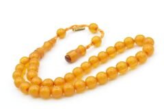 Hakkı Usta İmzalı Küre Kesim Bilek Boy Hareli Sarı Sıkma Kehribar Tesbih