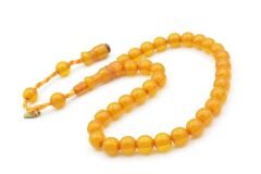 Hakkı Usta İmzalı Küre Kesim Bilek Boy Hareli Sarı Sıkma Kehribar Tesbih