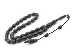 Sistemli Kapsül Kesim Hareli Siyah Toz Kehribar Tesbih