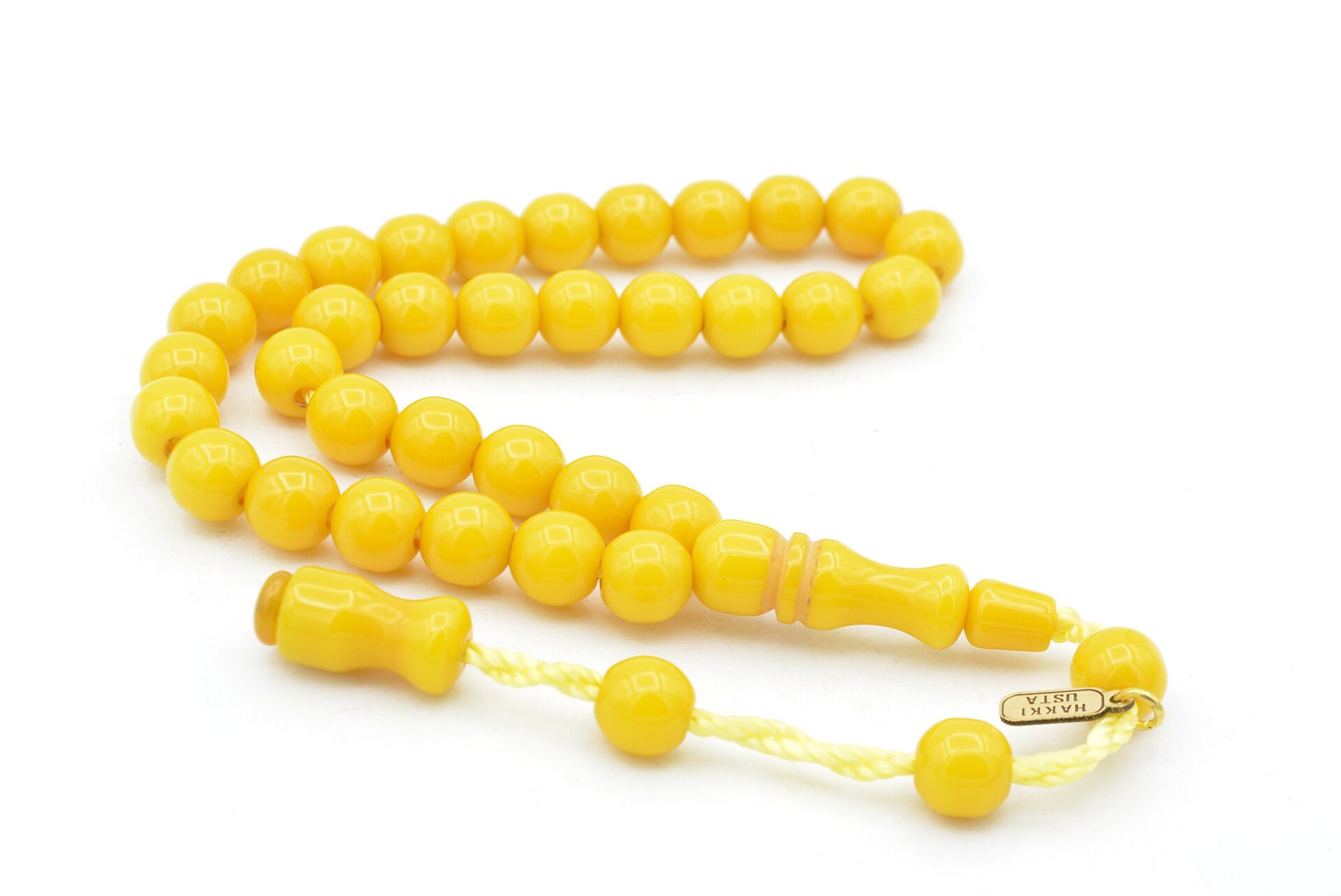 Hakkı Usta İmzalı Küre Kesim Bilek Boy Sarı Sıkma Kehribar Tesbih