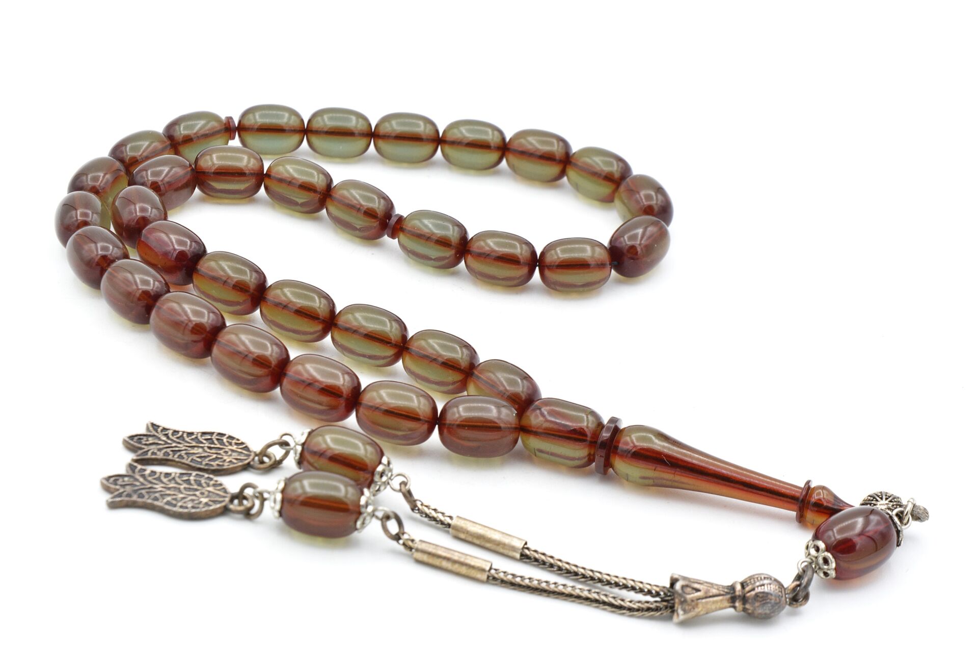 Şeffaf Delim Kapsül Kesim İri Boy Mavi Ateş Kehribar Tesbih