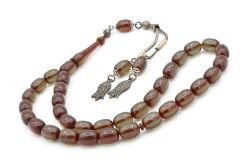 Şeffaf Delim Kapsül Kesim İri Boy Mavi Ateş Kehribar Tesbih