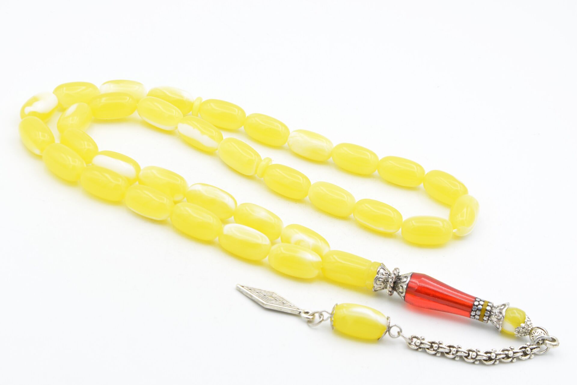 Nakkaş İmameli Sarı Kırmızı İri Boy Beyrut Damla Kehribar Tesbih