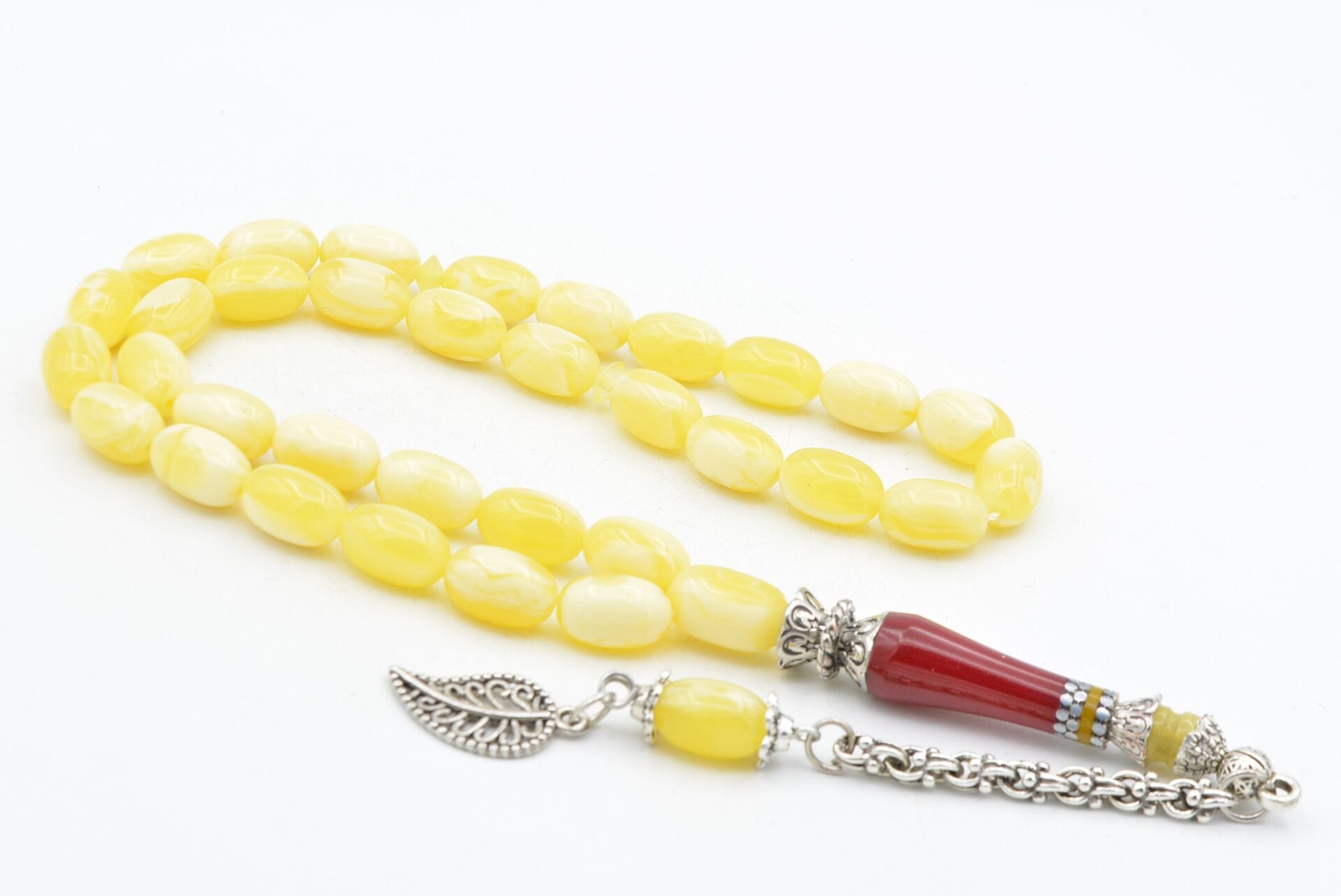 Nakkaş İmameli Sarı Kırmızı Günlük Boy Beyrut Damla Kehribar Tesbih