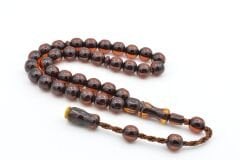 Hakkı Usta İmzalı Küre Kesim Bilek Boy Kahverengi Sıkma Kehribar Tesbih