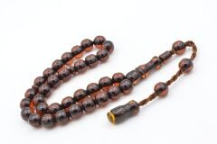 Hakkı Usta İmzalı Küre Kesim Bilek Boy Kahverengi Sıkma Kehribar Tesbih