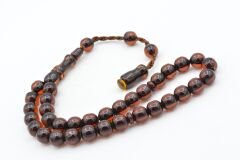 Hakkı Usta İmzalı Küre Kesim Bilek Boy Kahverengi Sıkma Kehribar Tesbih