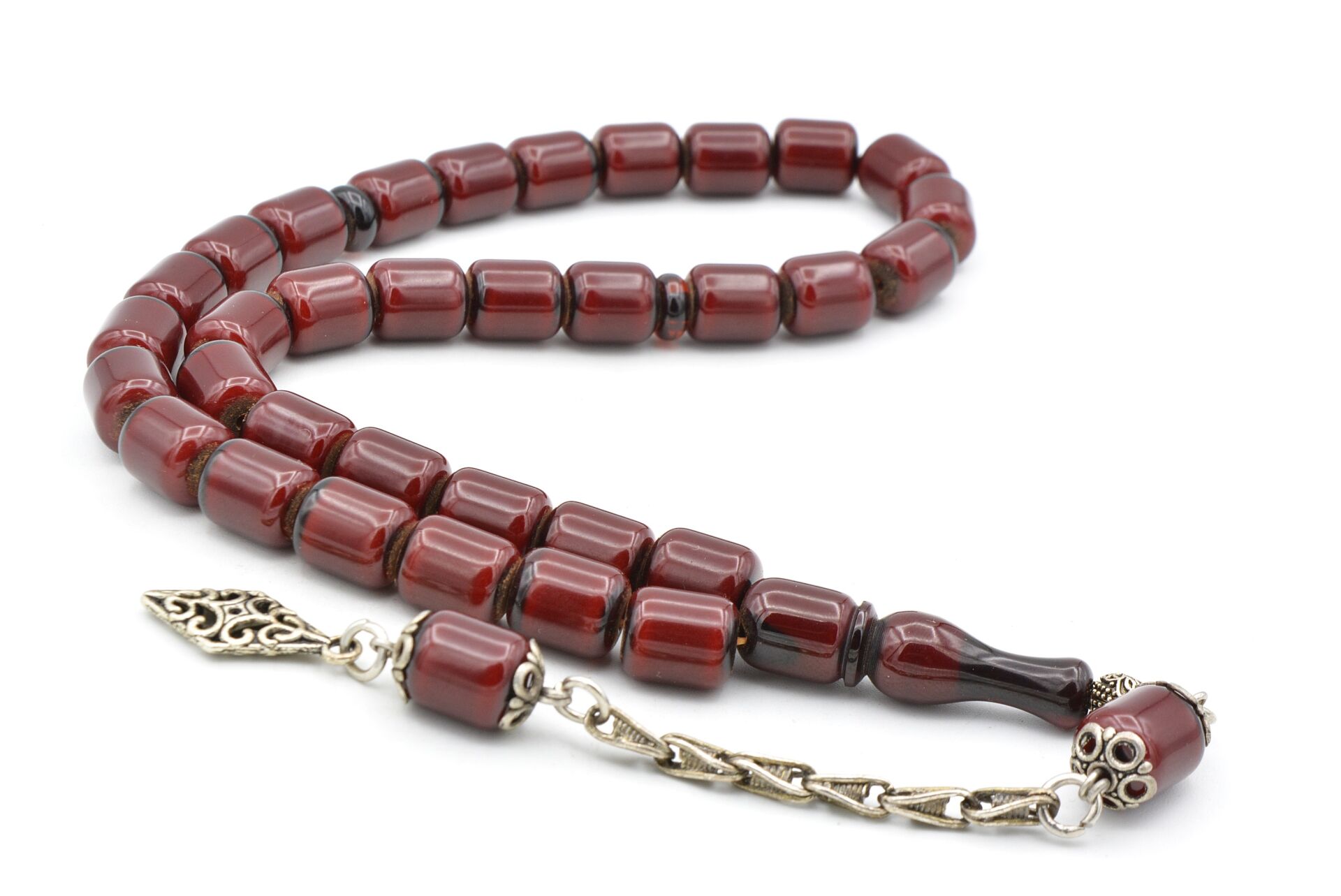 Gümüş Kaplama Sistemli Çubuk Malzeme Koyu Turuncu Sıkma Kehribar Tesbih